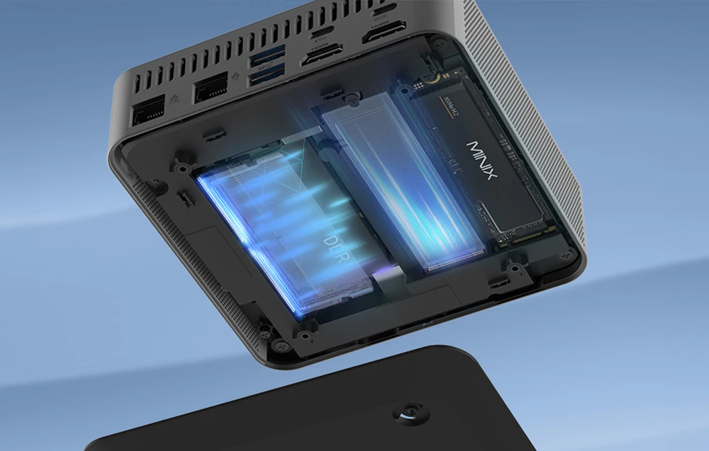 Partea inferioară a mini PC-ului Minix cu o diagramă schematică a sistemului de răcire din carcasă.