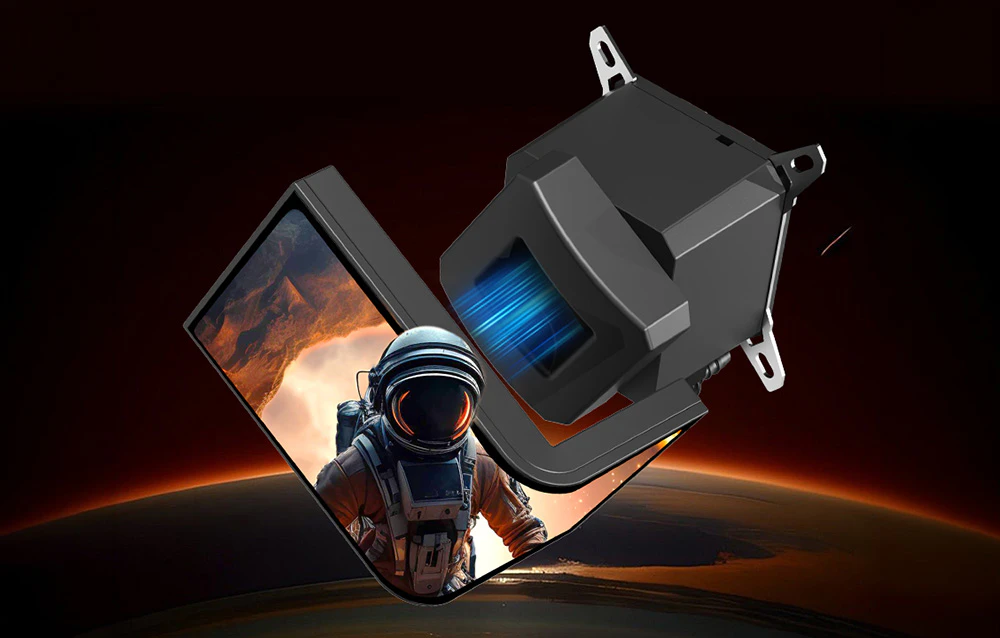 Unitate de răcire cu apă all-in-one (AIO) cu un ecran LCD curbat detașabil, pe un fundal planetar