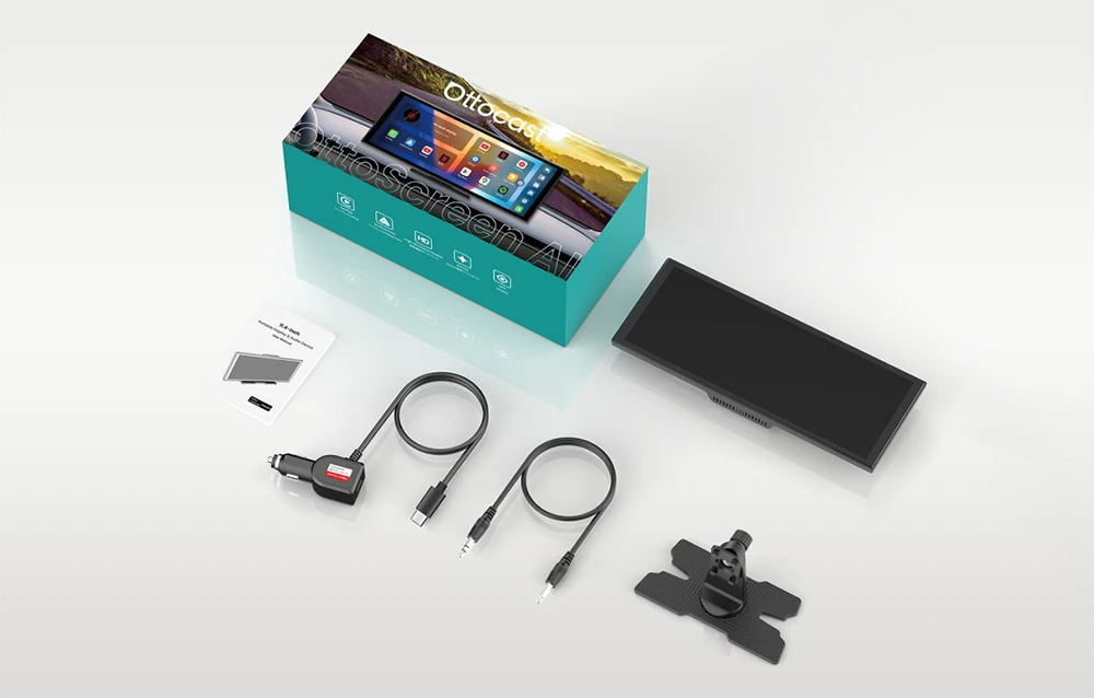 Kit Ottocast: cutie, ecran, manual, două cabluri negre, mufă pentru brichetă și suport