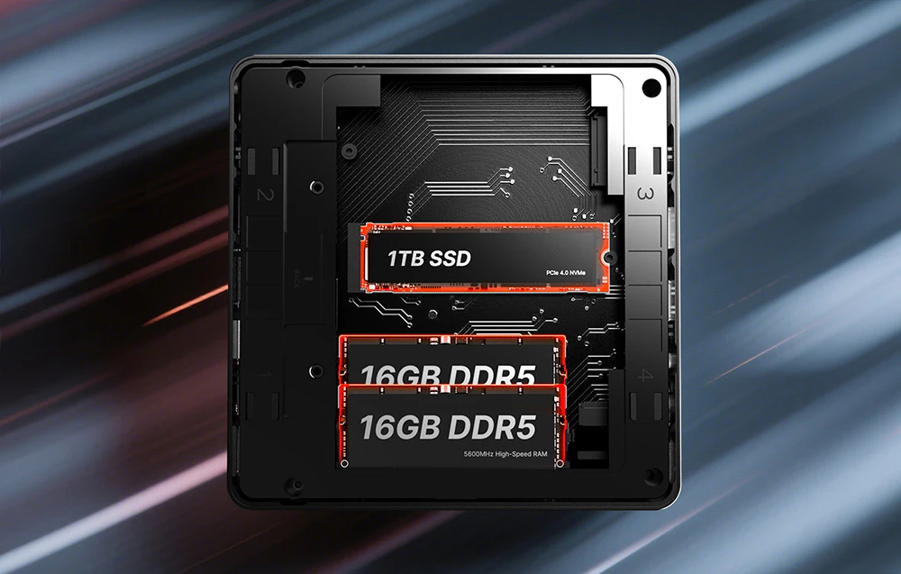 Interiorul computerului, cu cele 2×16 GB DDR5 module RAM și 1 TB M.2 SSD vizibile.