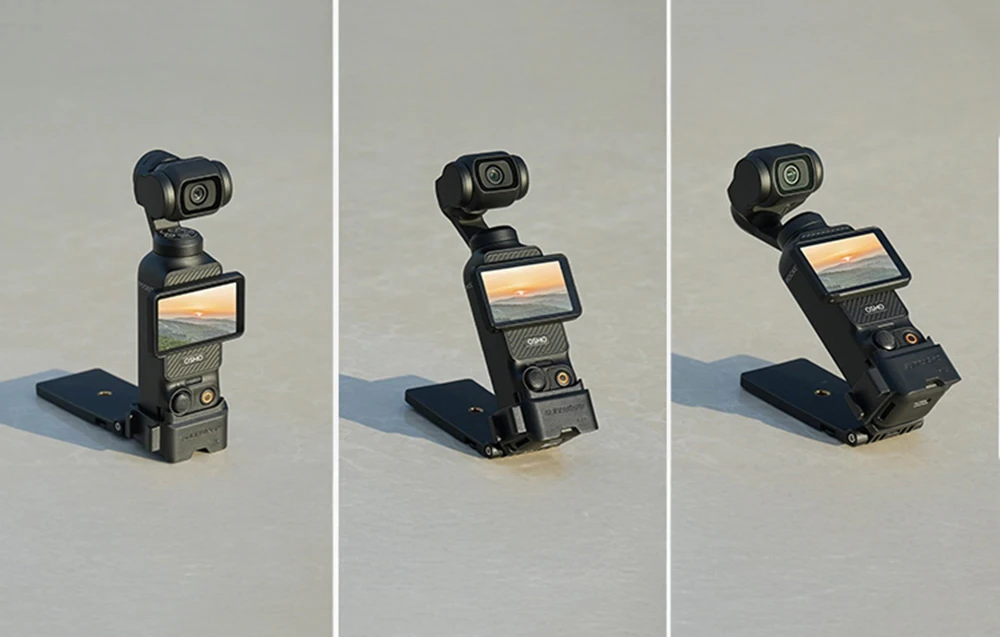 Trei fotografii ale camerei DJI Pocket setată la diferite niveluri de înclinare cu suportul pliat pe un fundal luminos