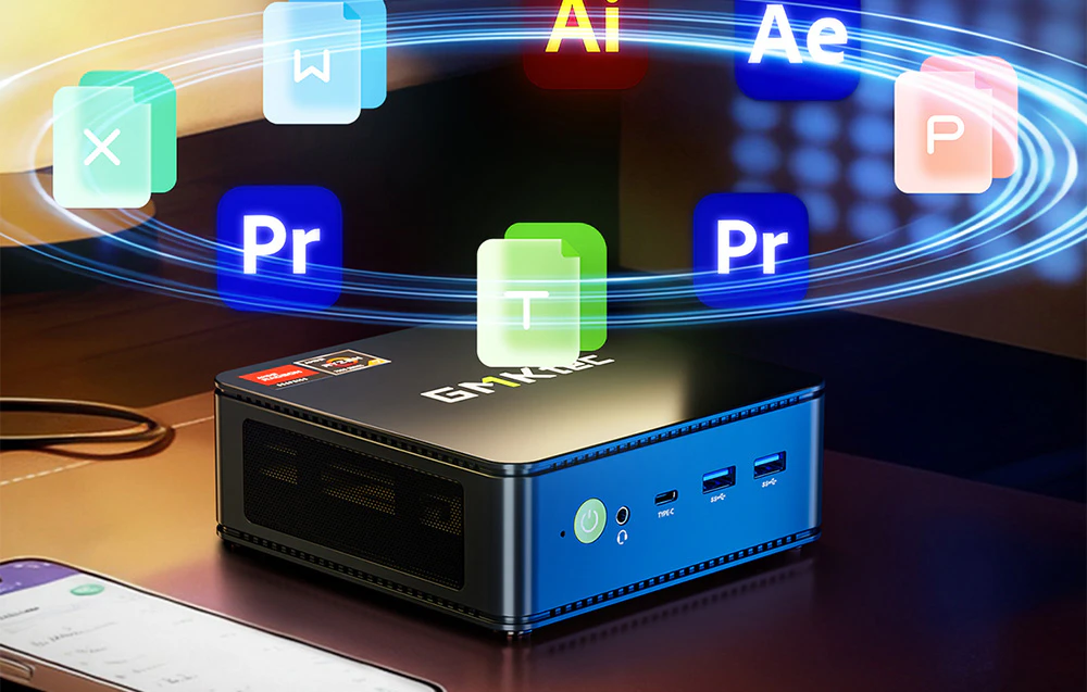 Mini PC GMKtec cu pictograme ale aplicațiilor populare de birou și creative care plutesc deasupra dispozitivului