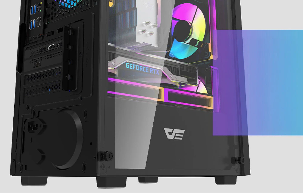 Vedere de aproape a părții inferioare a carcasei computerului Darkflash M305.