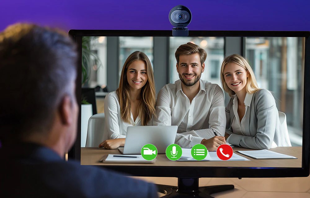 O imagine a monitorului cu camera, afișând trei persoane zâmbitoare care participă la o videoconferință la birou.