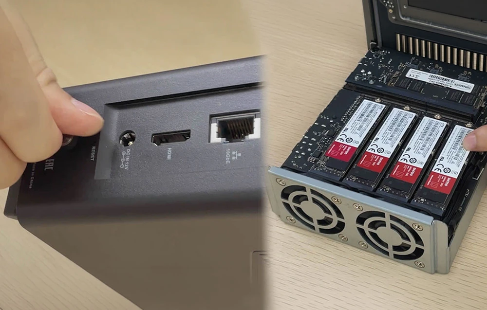 Un prim-plan al panoului din spate al dispozitivului cu porturi și al interiorului cu module SSD M.2 instalate