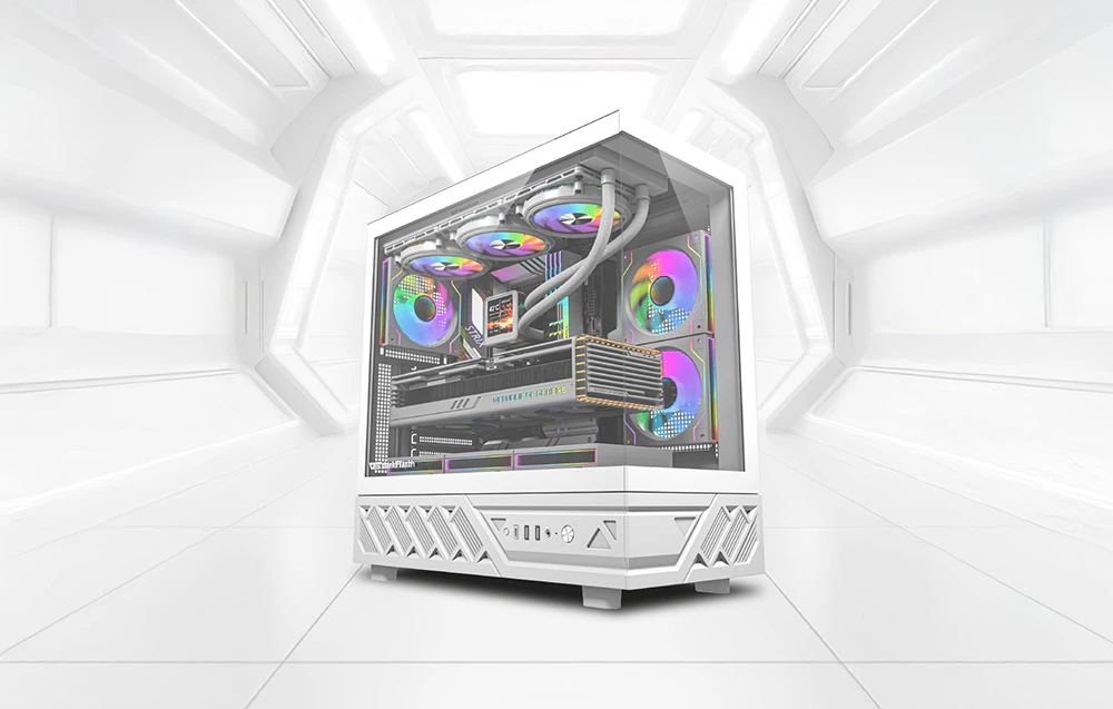 Carcasă albă pentru PC cu ventilatoare RGB iluminate într-un interior alb futurist