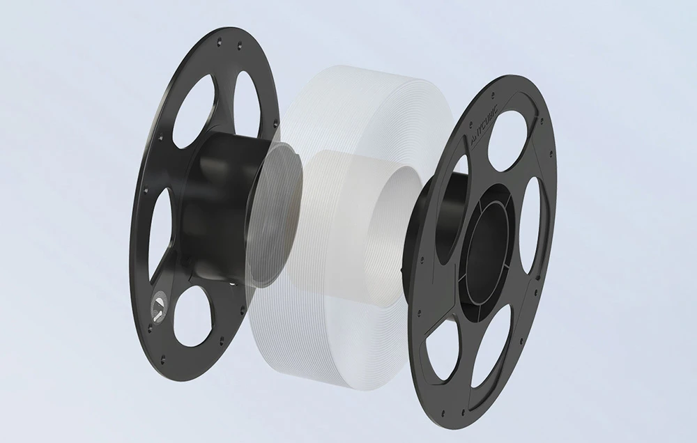 O ilustrație care arată o bobină neagră dezasamblată, cu un filament Anycubic transparent în centru