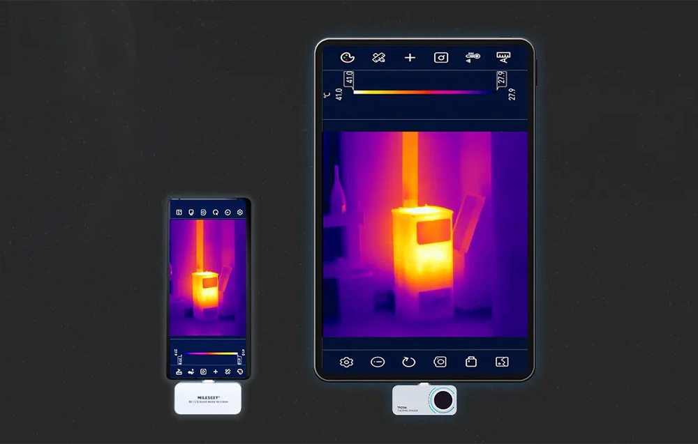 O comparație între vizualizarea aplicației de termoviziune pe ecranul unui smartphone și pe o tabletă mai mare.