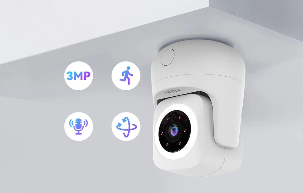 Cameră albă pan-tilt montată pe tavan și patru pictograme de funcții: 3MP, microfon, siluetă în mișcare și panoramare