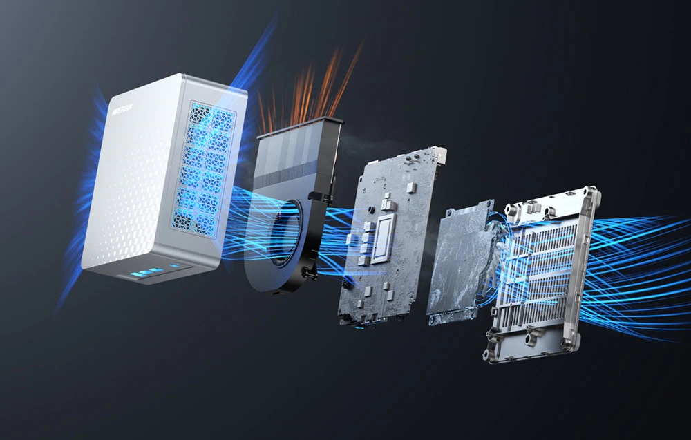 Secțiune transversală a unui mini PC care arată carcasa albă, ventilatorul, placa de bază și sistemul de răcire