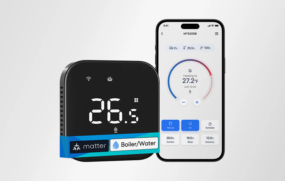 Termostatul inteligent MEROSS și un smartphone cu aplicația de control al temperaturii deschisă pe un fundal deschis