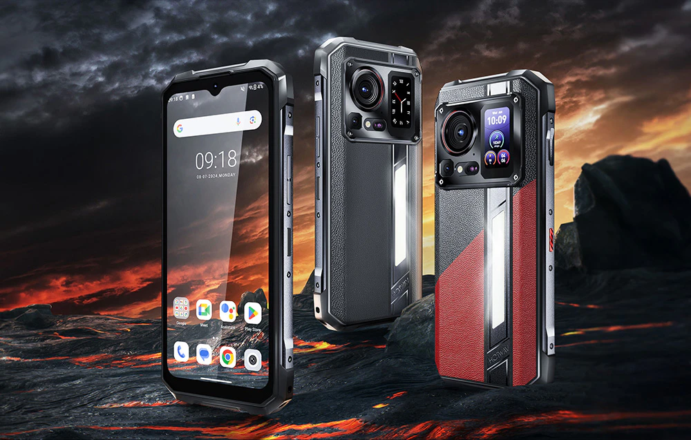 Trei smartphone-uri HOTWAV pe fundalul unui peisaj vulcanic cu lavă curgătoare.