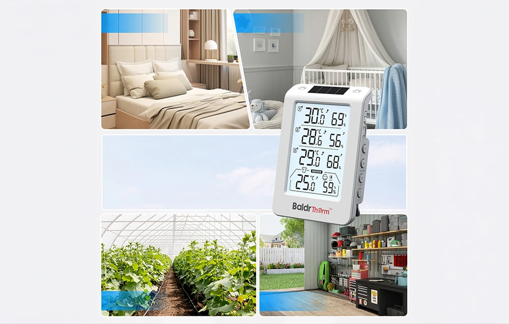 Termohigrometrul BALDRTHERM pe fundalul unor camere diferite: un dormitor, o cameră de copii, un garaj și un cort cu plante