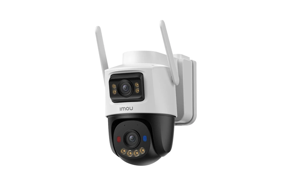 Cameră de securitate alb-negru Imou cu două antene, vedere oblică din dreapta pe fundal alb