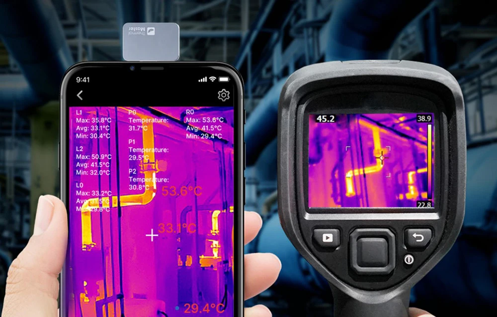 Comparație între un smartphone cu o cameră termică atașată și o cameră termică portabilă clasică în timpul inspecției conductelor