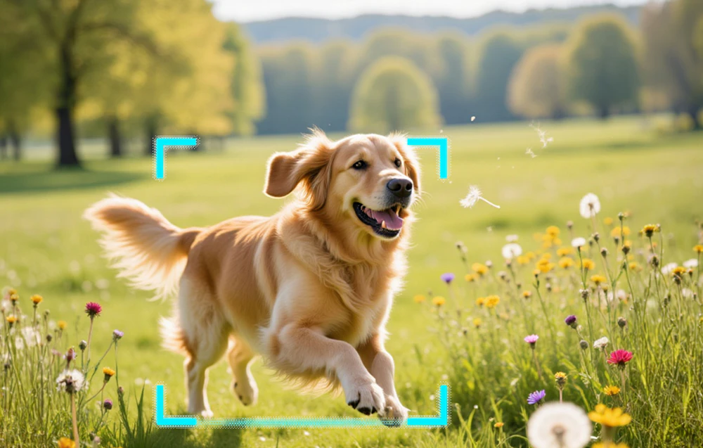 Un golden retriever alergând printr-o pajiște plină de flori, încadrat în turcoaz
