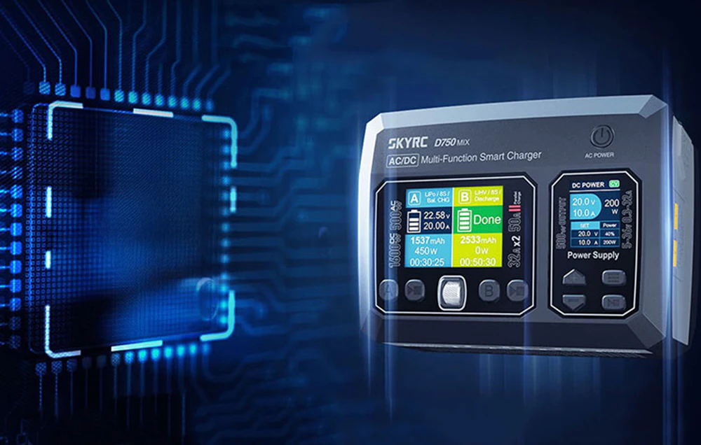 Încărcător SKYRC D750 MIX pe fundalul schemei circuitului electronic.
