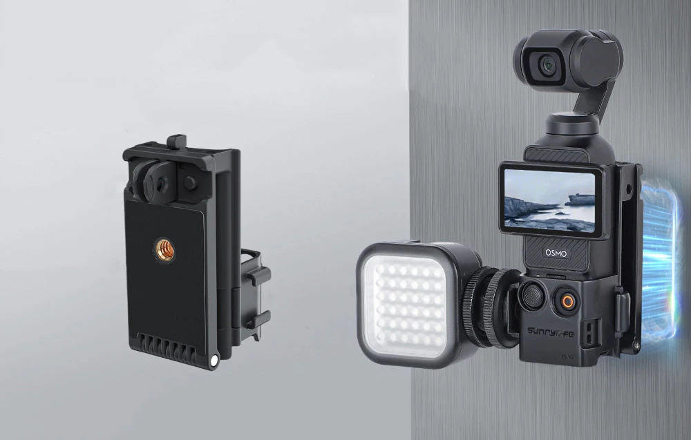 Camera DJI Pocket cu lumină LED fixată magnetic pe o suprafață metalică lângă un suport Sunnylife separat