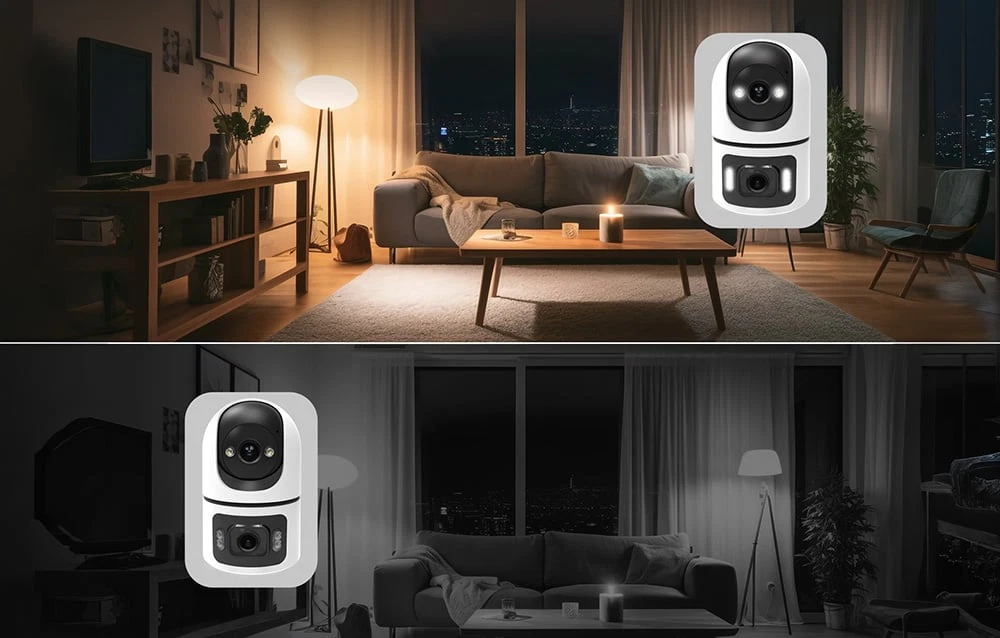 Două imagini ale sufrageriei pe timp de noapte: cea de sus este color, cu luminile aprinse, iar cea de jos este alb-negru, în modul de noapte