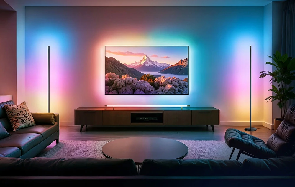 Un living luminos, cu un televizor înconjurat de lumini colorate provenite de la lămpile de podea și de la o bandă lungă de lumini.