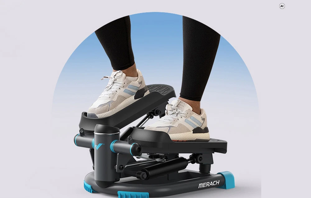 O persoană în pantofi sport stă pe un stepper Merach negru și albastru, pe un fundal luminos