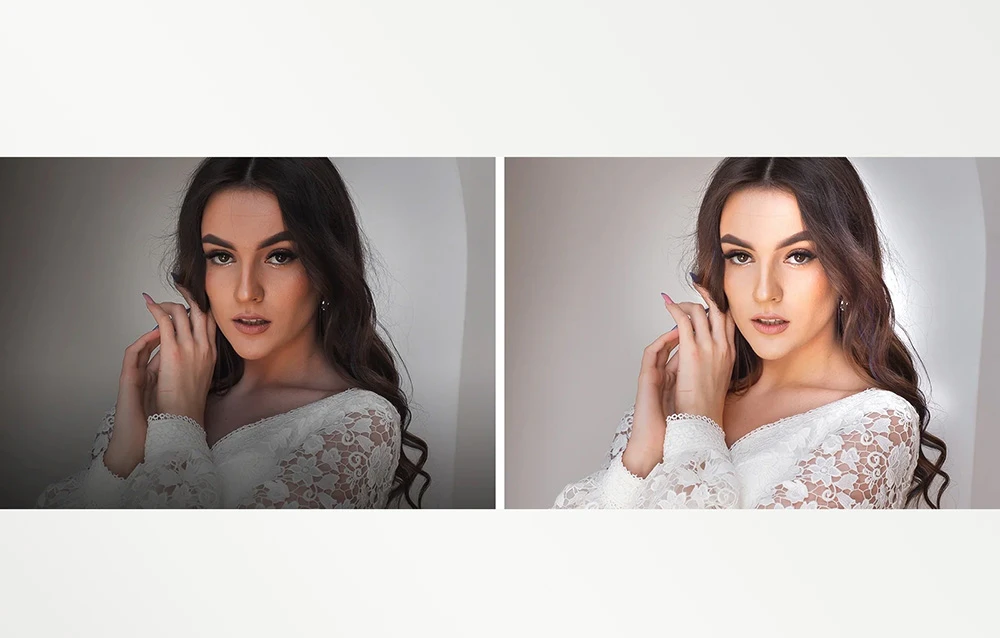O comparație între două portrete ale unei femei: în stânga, o fotografie întunecată; în dreapta, una luminoasă și bine iluminată.