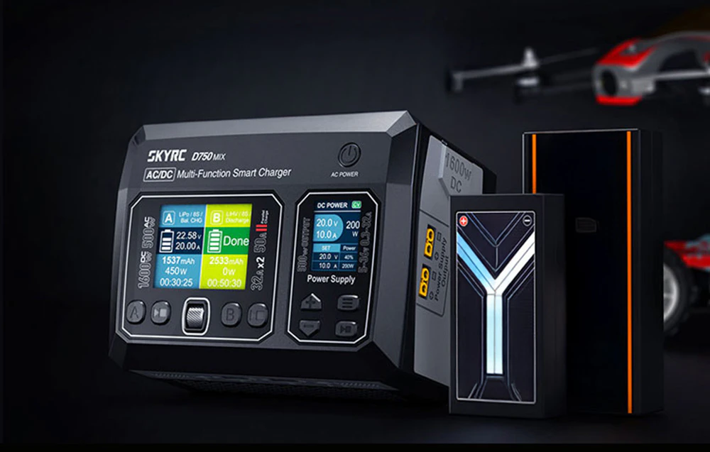 Încărcătorul SKYRC D750 MIX amplasat într-o cameră întunecată