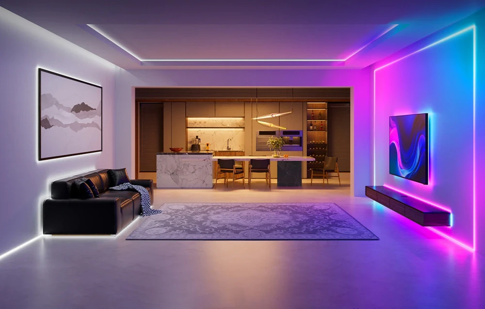 Camera de zi luxoasă cu benzi LED RGB colorate în nuanțe de violet și albastru în jurul pereților și al televizorului