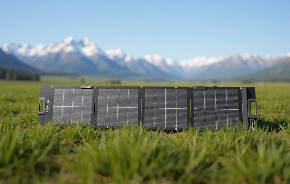 Panou fotovoltaic pe iarbă verde, cu munți în fundal