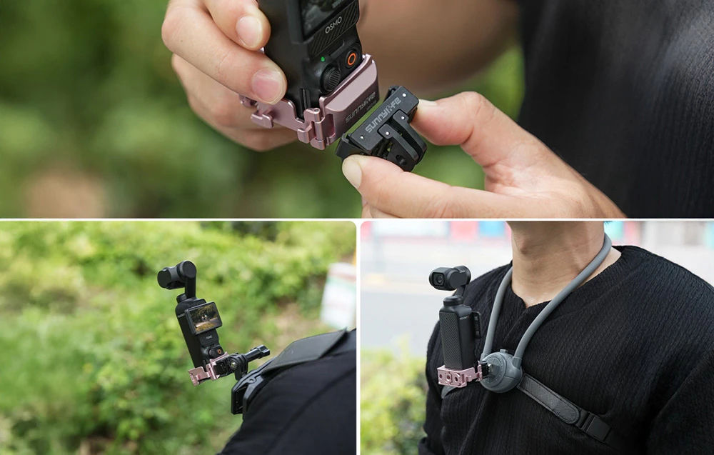 Trei fotografii care prezintă camera DJI Pocket în suportul roz montat pe un adaptor și atașat la un ham de rucsac și la un ham de piept