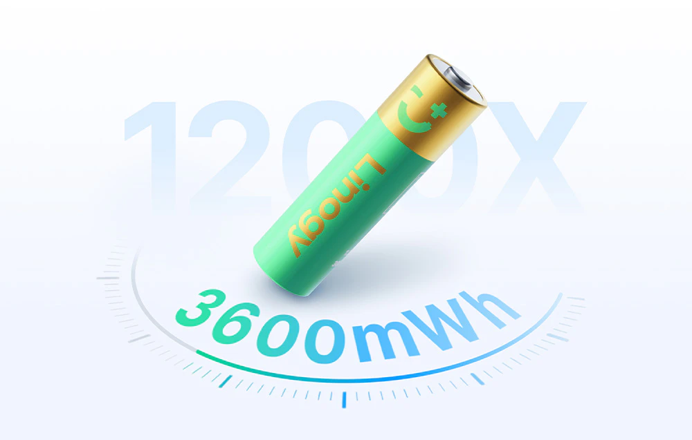 O baterie Lingoy verde pe un fundal alb, cu inscripția 3600 mWh dedesubt