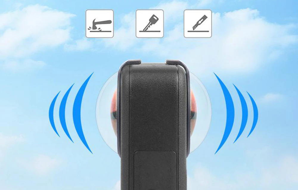 Cameră 360° văzută din lateral, cu marcaj grafic pentru a proteja lentilele de zgârieturi
