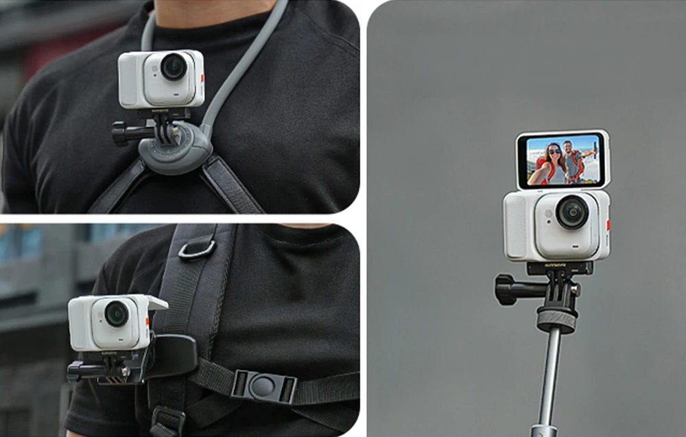 Cameră de acțiune într-o husă montată pe un suport pentru gât, curea de rucsac și selfie stick.