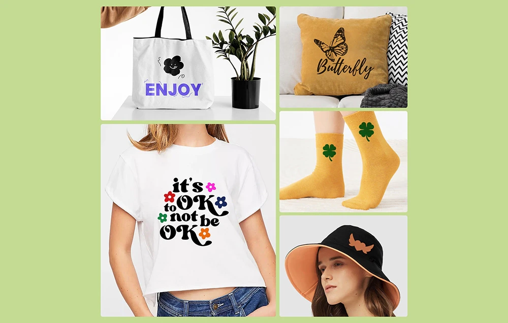 Exemple de îmbrăcăminte și accesorii cu imprimeuri, inclusiv un tricou alb, o geantă, șosete, o pernă și o pălărie.