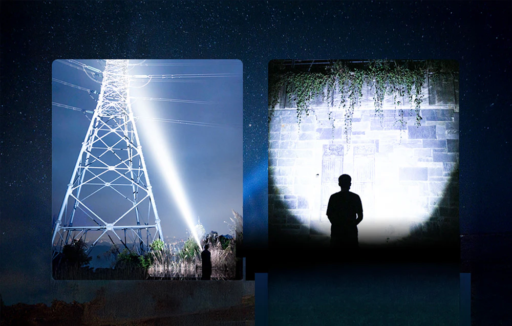 Fotografii care arată raza lungă a fasciculului de lumină pe un stâlp de înaltă tensiune și unghiul larg de iluminare pe un perete.
