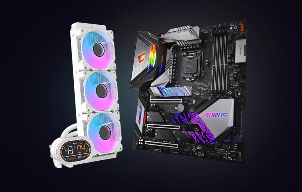 Sistem de răcire cu apă AIO cu trei ventilatoare RGB lângă o placă de bază AORUS cu răcire CPU instalată