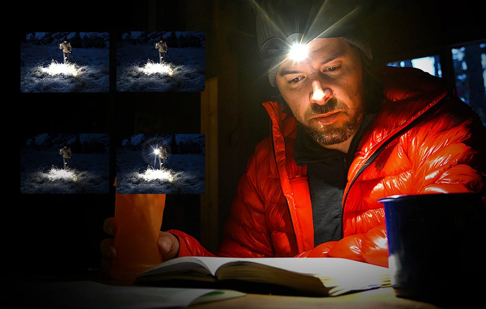 Un bărbat într-o jachetă roșie în jos citește o carte la lumina unei lanterne de cap într-un cort