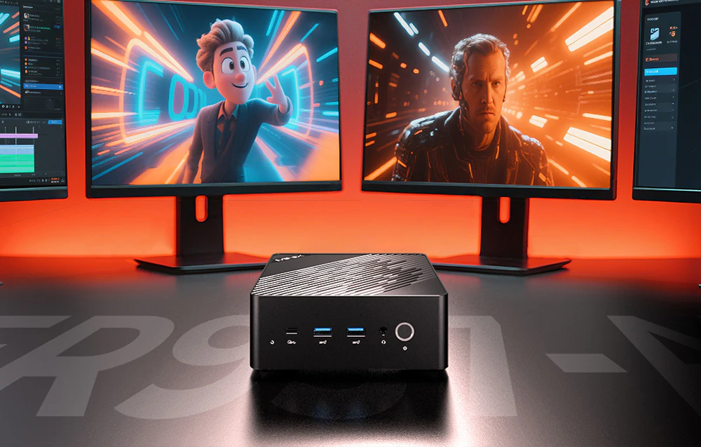 Mini PC Minix așezat pe un birou în fața a trei monitoare care afișează animații și scene science fiction.