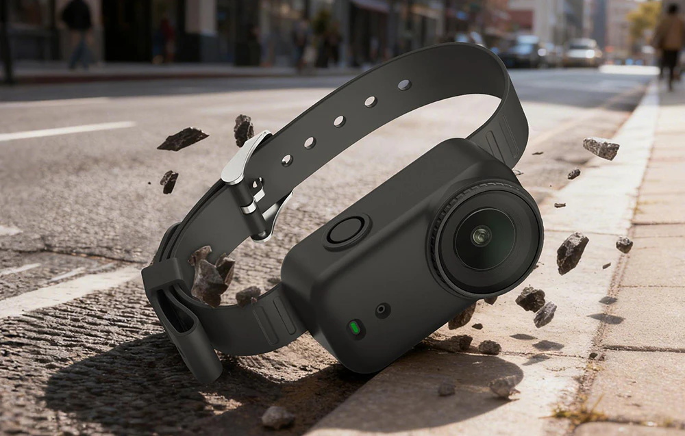 Camera DJI Osmo Nano plasată într-o brățară neagră din silicon cade pe stradă