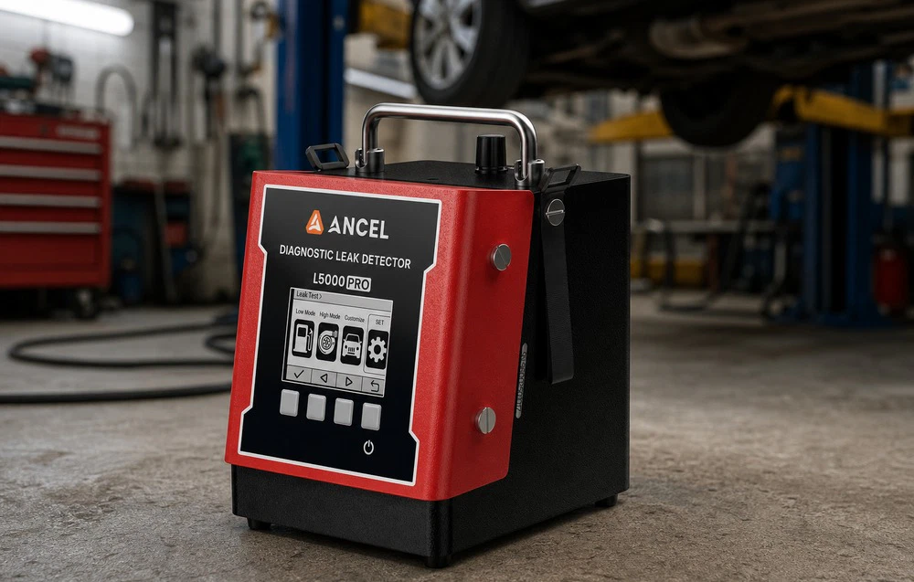 Dispozitivul de diagnosticare Ancel L5000 Pro așezat pe podea într-un atelier de reparații auto, cu un elevator în fundal