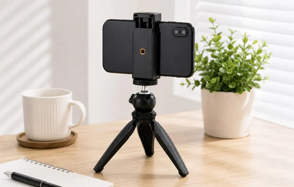Un smartphone montat în mânerul unui trepied mic, așezat pe un birou din lemn lângă o cană, un caiet și un ghiveci cu plante.
