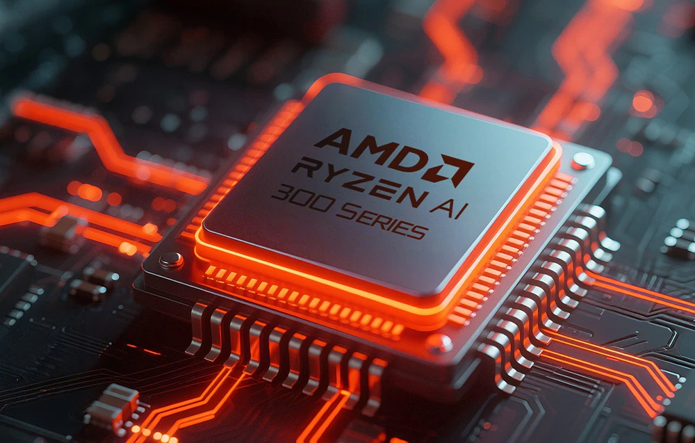 Un procesor AMD Ryzen AI din seria 300 montat pe o placă de bază neagră cu iluminare roșie din spate