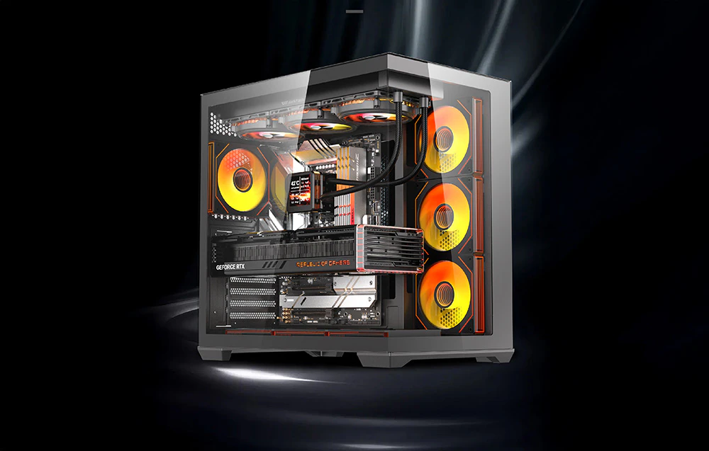 Carcasă de PC gri cu ventilatoare RGB portocalii și răcire cu apă pe un fundal întunecat.