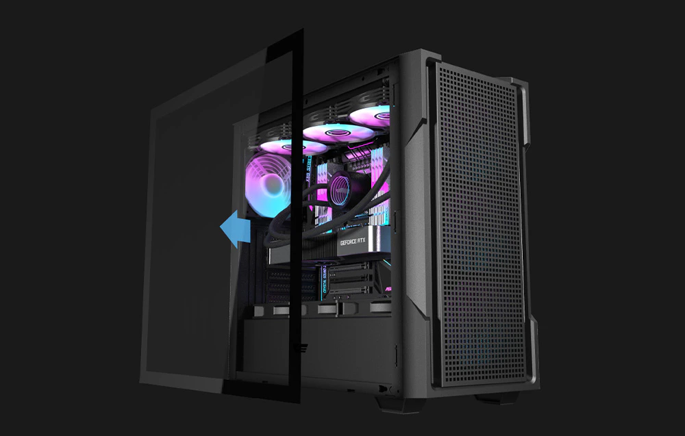 Carcasa pentru computer Darkflash DS900 Mesh cu panou lateral din sticlă temperată decalată.