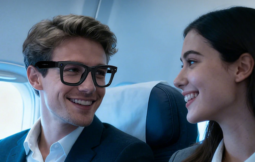 Un bărbat zâmbitor care poartă ochelari stă într-un avion și vorbește cu o femeie așezată lângă el