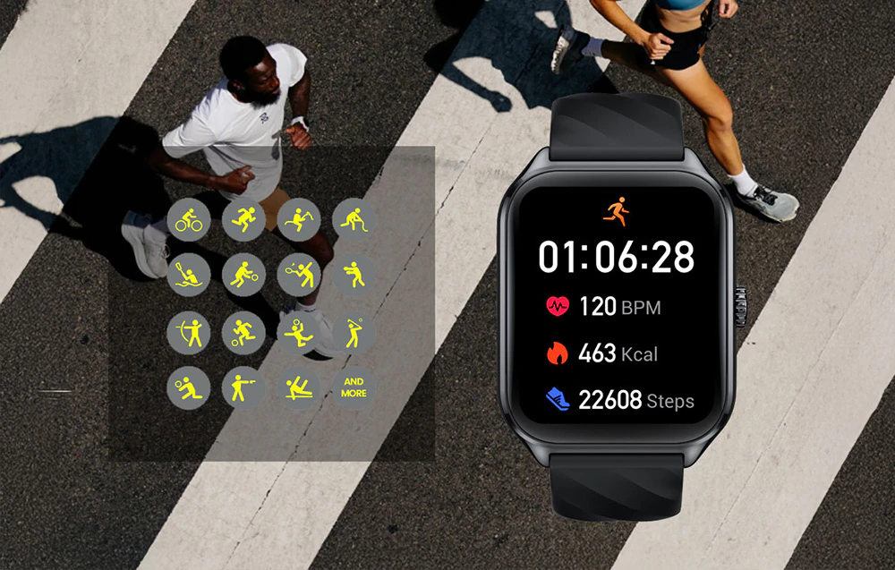 Smartwatch negru care afișează progresul activității fizice, cu pictograme pe partea stângă reprezentând diferite sporturi