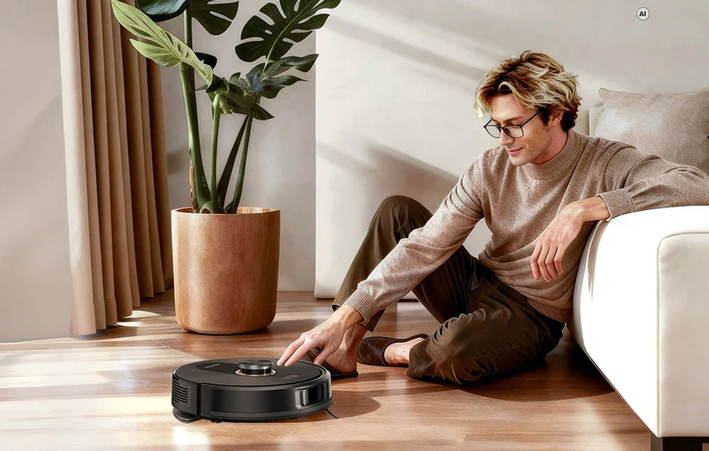 Un bărbat așezat pe podea lângă o plantă de interior și atingând robotul negru Proscenic