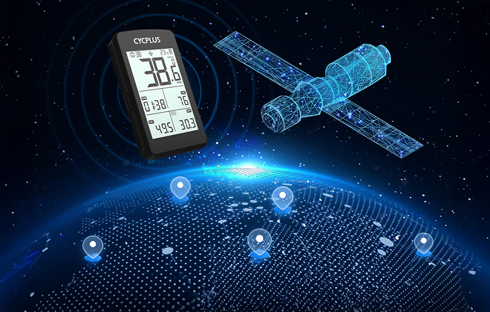 Computer Cycplus M3 pe un fundal grafic cu un satelit GPS și planeta Pământ digitală cu puncte de localizare
