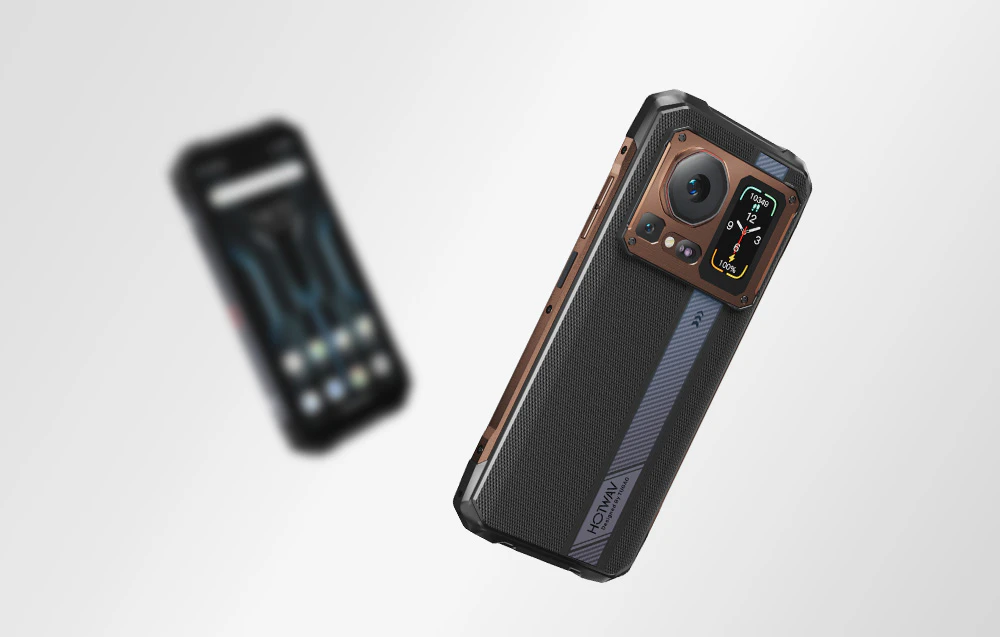 Render al smartphone-ului HOTWAV în zbor, arătând detalii ale carcasei și o bandă diagonală cu logo-ul pe spate.