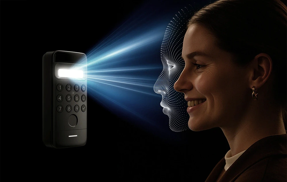 Vizualizare de recunoaștere facială 3D - o femeie se uită la tastatura SwitchBot cu scanare biometrică albastră